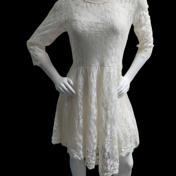 Free People Cream Floral Pattern Lace Dress Size 8 Skater Girl Lined Half Sleeve - Picture 4 of 11